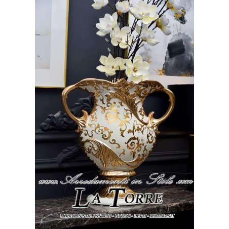Handbemalte Keramikvase, Amphore, Becher, Empire-Ornament, Elfenbein und Gold RA05