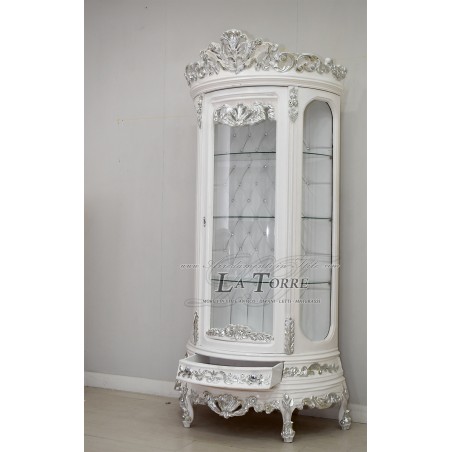 Louis-XV-Glasvitrine, moderner Barockstil, weiß, silber, Swarovski-Kristalle, AL3642