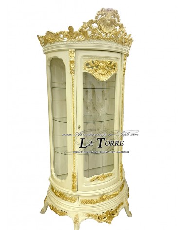 Louis-XV-Vitrinenschrank mit gebogenem Glas, moderner Barockstil, elfenbeinfarbene und goldene Swarovski-Kristalle AL3642