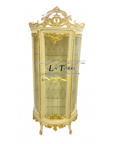 Barock-Vitrinenschrank aus Elfenbein und Gold im Stil Louis XV mit gebogenem Glas und Swarovski-Kunstleder in Elfenbein (AL9197)