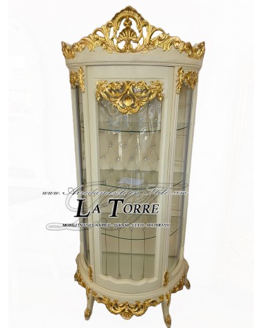 Barock-Vitrinenschrank aus Elfenbein und Gold im Stil Louis XV mit gebogenem Glas und Swarovski-Kunstleder in Elfenbein (AL9197)
