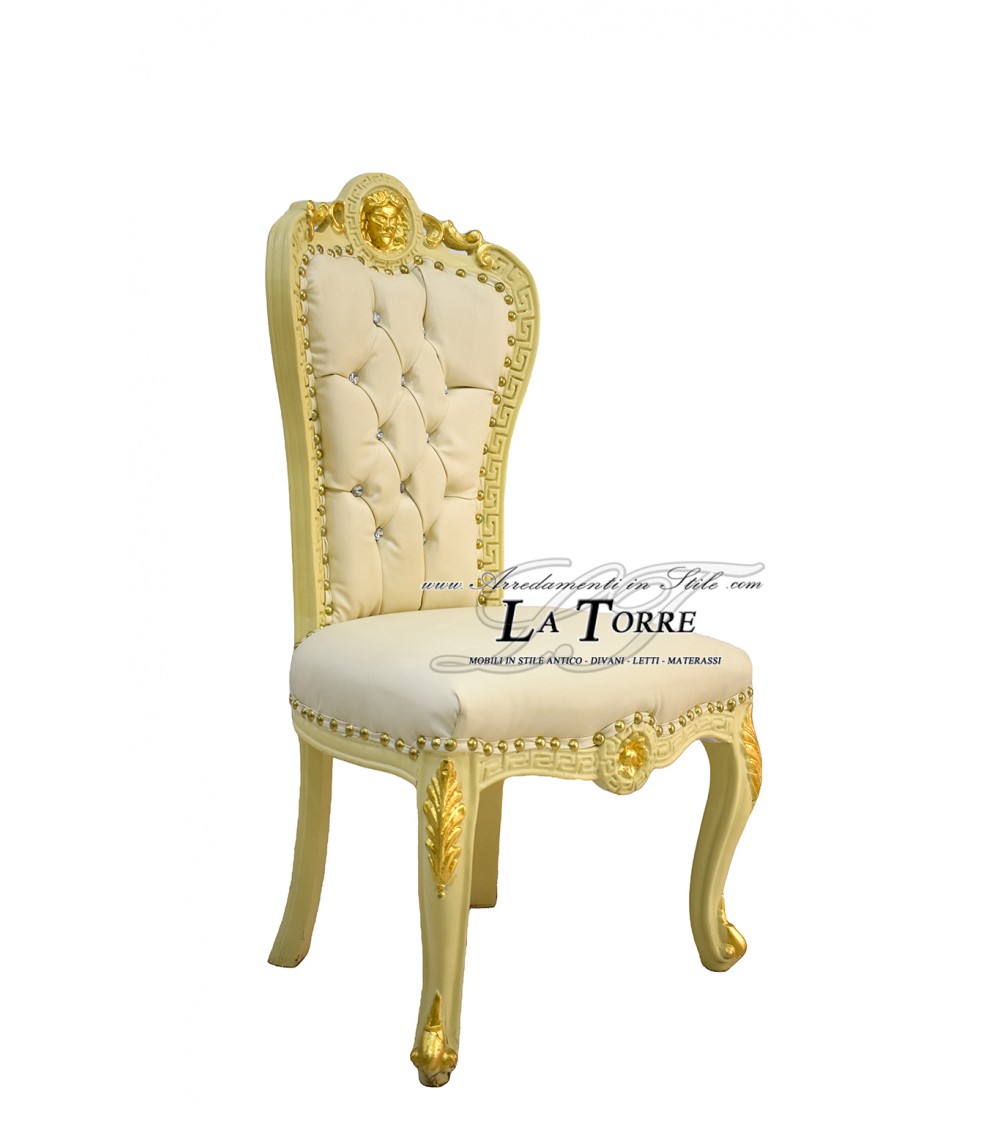 Sedia Poltrona Dea Luigi XV Barocco Impero avorio con particolari oro ecopelle LT3019