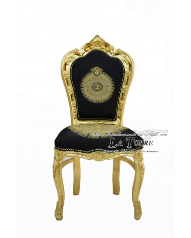 Poltrona sedia Still Luigi XV Barocco Legno Oro tessuto nero stile Versace LT3023