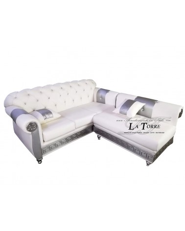Dreisitzer-Halbinsel-Schlafsofa mit Bettgestell und moderner Chesterfield-Matratze, weiß-silbernes Öko-Leder, jede Farbe