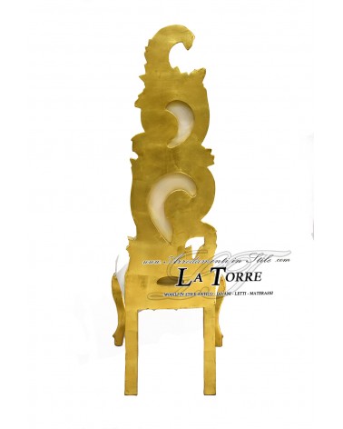 Poltrona trono barocco sedia fiamma h145 oro vellutino ghiaccio AR6970