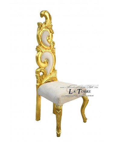 Poltrona trono barocco sedia fiamma h145 oro vellutino ghiaccio AR6970