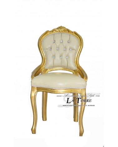Louis XV Stuhl Goldfarbenes Holz Champagnerfarbenes Kunstleder Swarovski AR012