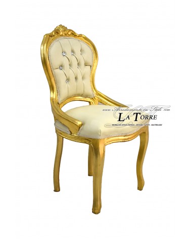 Louis XV Stuhl Goldfarbenes Holz Champagnerfarbenes Kunstleder Swarovski AR012