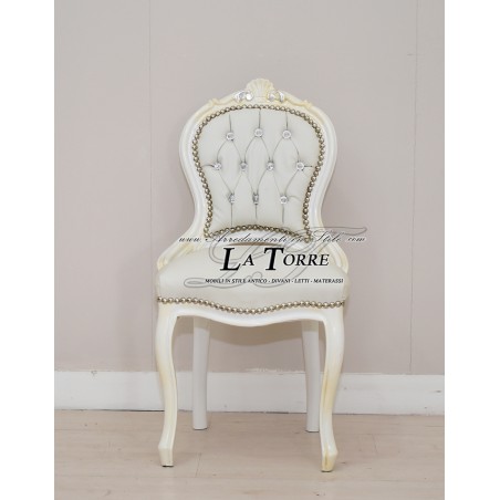 Louis-XV-Stuhl, weißes Holz, silbernes Kunstleder, Swarovski AR012