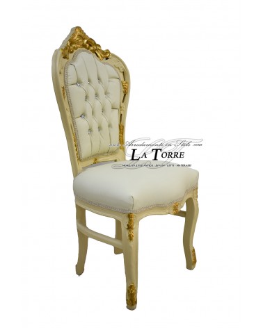 Poltrona Sedia Stile Luigi XV Legno avorio e oro ecopelle Swarovski AL1826
