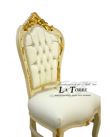 Poltrona Sedia Stile Luigi XV Legno avorio e oro ecopelle Swarovski AL1826