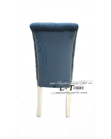 Contemporary classic armchair in blue velvet with white wooden legs LT3026