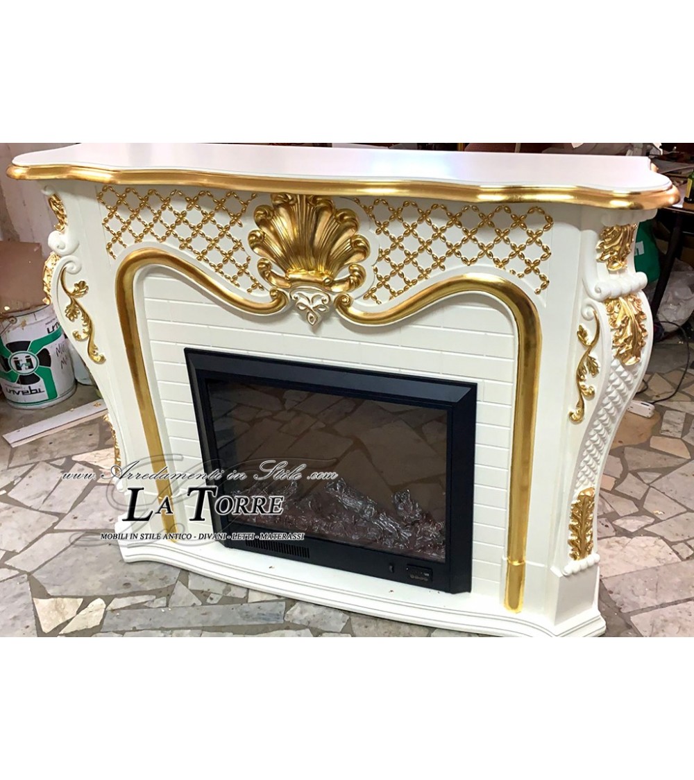 Camino elettrico Kamin fireplace legno massello Barocco Inglese avorio 319B  Colore camino Avorio