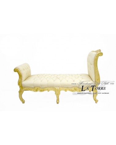 Dormeuse panca Cleopatra Luigi XV stile Barocco divano panchetta legno foglia oro ecopelle avorio LT3014