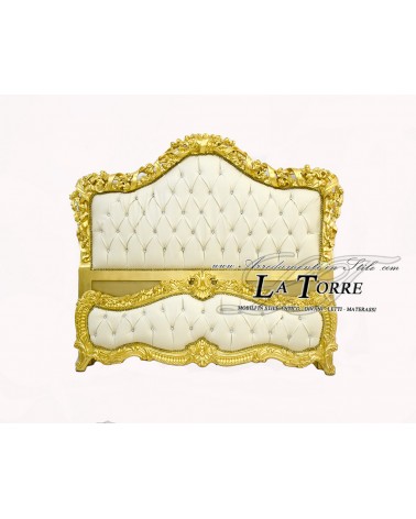 Antique Baroque style double bed in gold wood and ivory faux leather Swarovski LT2678
