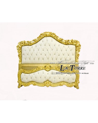 Antique Baroque style double bed in gold wood and ivory Swarovski leather