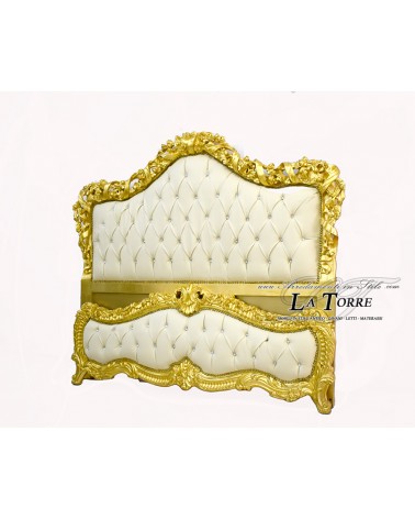 Antikes Doppelbett im Barockstil aus goldfarbenem Holz, elfenbeinfarbenem Kunstleder, Swarovski LT2678