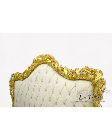 Antikes Doppelbett im Barockstil aus goldfarbenem Holz, elfenbeinfarbenem Kunstleder, Swarovski LT2678
