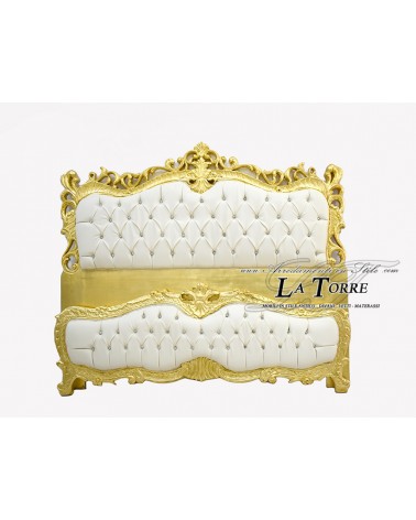 Antikes Doppelbett im Barockstil aus goldfarbenem Holz, elfenbeinfarbenem Kunstleder, Swarovski LT2678