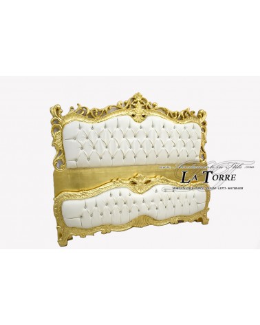 Antikes Doppelbett im Barockstil aus goldfarbenem Holz, elfenbeinfarbenem Kunstleder, Swarovski LT2678