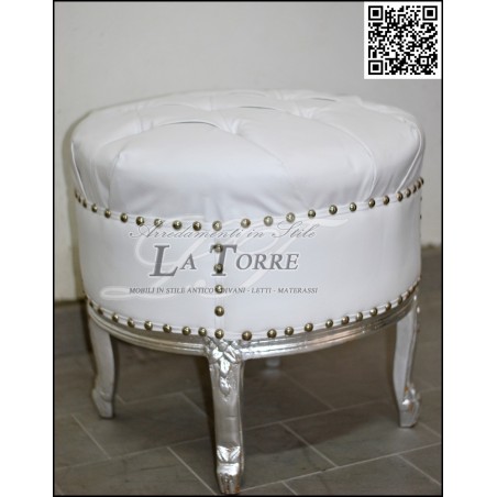 Louis XV Barock-Pouf, silberne Swarovski-Kristalle, weißes Öko-Leder, AL5355