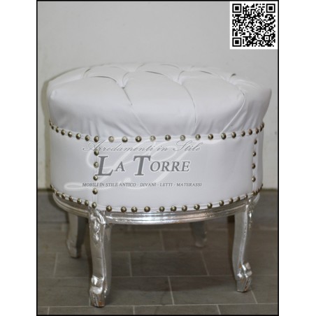 Louis XV Barock-Pouf, silberne Swarovski-Kristalle, weißes Öko-Leder, AL5355
