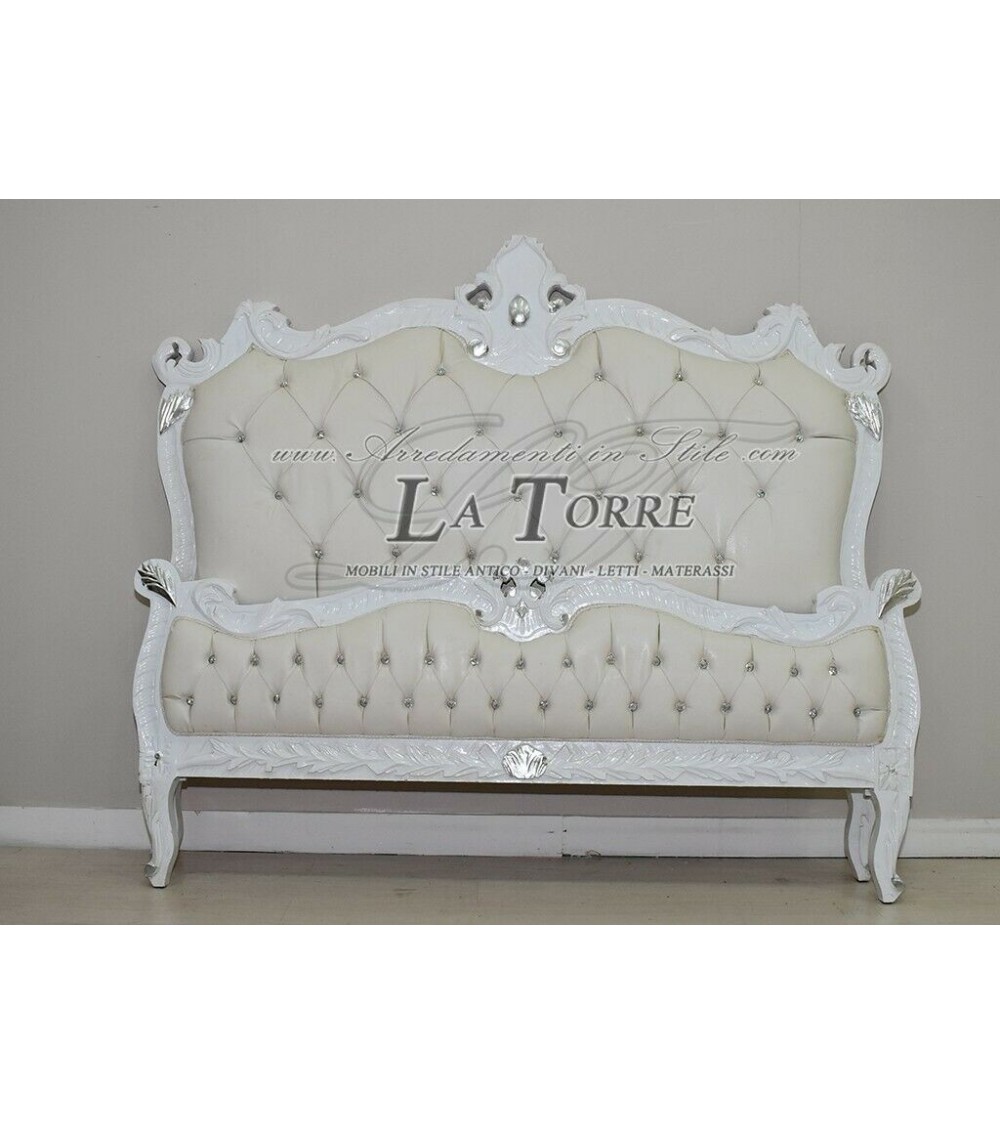 Louis XV Baroque double bed silver white faux leather Swarovski LT2676