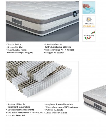 Materasso matrimoniale singolo Molle indipendenti Memory Foam anallergico ortopedico