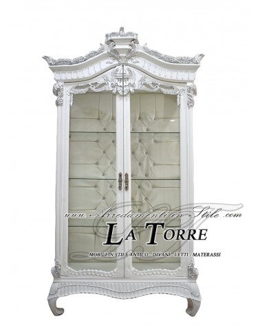 Vetrina cristalliera bianca e argento Luigi XV Barocco ecopelle bianca swarovski LT3039
