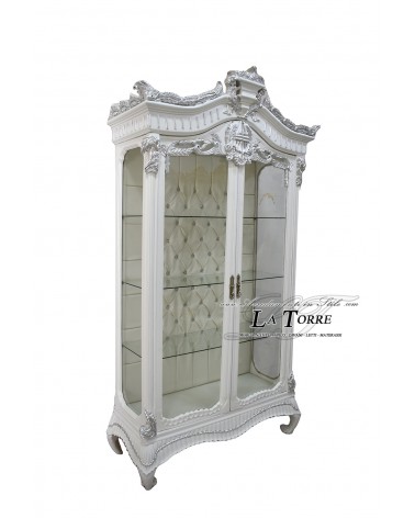 Louis XV Barock-Vitrinenschrank aus weißem und silbernem Glas mit weißem Kunstlederbezug und Swarovski-Kristallen LT3039