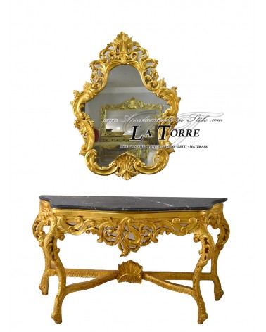 Konsolentisch mit Spiegel, Louis XV Barock, Blattgold, schwarzer Marmor LT3041