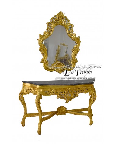 Konsolentisch mit Spiegel, Louis XV Barock, Blattgold, schwarzer Marmor LT3041