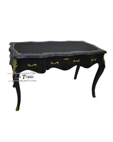 Louis XV Schreibtisch, schwarzer Lack, Kunstleder mit Blattgoldauflage, 140 cm, AL9207