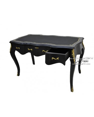 Louis XV Schreibtisch, schwarzer Lack, Kunstleder mit Blattgoldauflage, 140 cm, AL9207