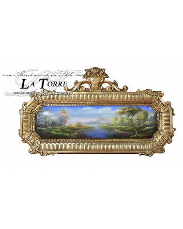 Quadro barocco antico dipinto olio medaglione orizzontale oro paesaggio 52x95 D21