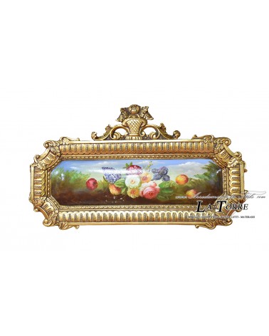 Quadro barocco antico dipinto olio medaglione orizzontale oro fiori 52x95 D22