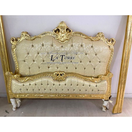 Antikes Doppelbett im Barockstil aus goldfarbenem Holz, Swarovski-Kristallen, elfenbeinfarbenem Virginia-Stoff AL1717