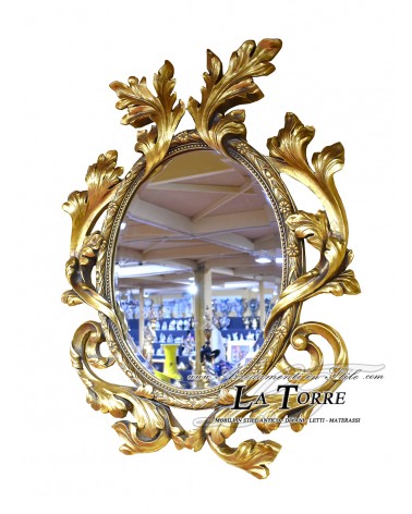 Antiker, mit Blattgold verzierter Spiegel, ovales Barockglas, Wandspiegel S01