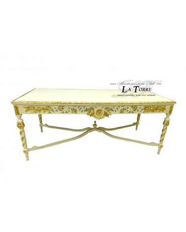 Rechteckiger Esstisch aus geschnitztem Holz in Elfenbein und Gold, Barock, 180 cm LT3044