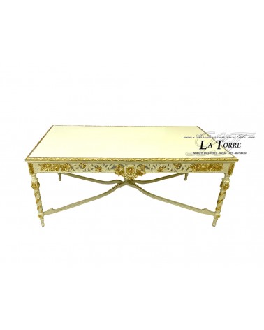 Rechteckiger Esstisch aus geschnitztem Holz in Elfenbein und Gold, Barock, 180 cm LT3044