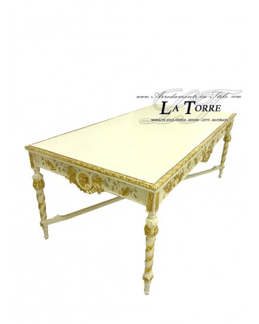 Rechteckiger Esstisch aus geschnitztem Holz in Elfenbein und Gold, Barock, 180 cm LT3044