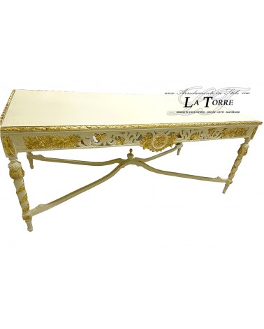 Rechteckiger Esstisch aus geschnitztem Holz in Elfenbein und Gold, Barock, 180 cm LT3044