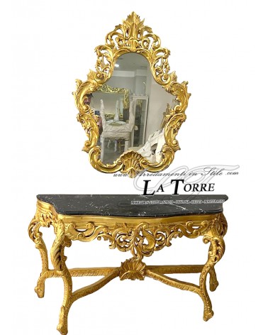 Konsolentisch mit Spiegel, Louis XV Barock, Blattgold, schwarzer Marmor LT3041