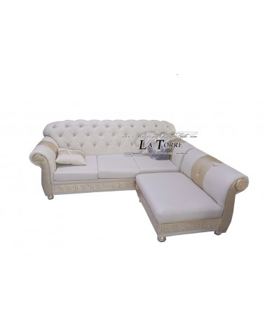 Dreisitzer-Sofa mit Matratze und Halbinsel, moderne Chesterfield-Rückenlehne, Kunstleder, Champagner, Elfenbein, Swarovski AZ06