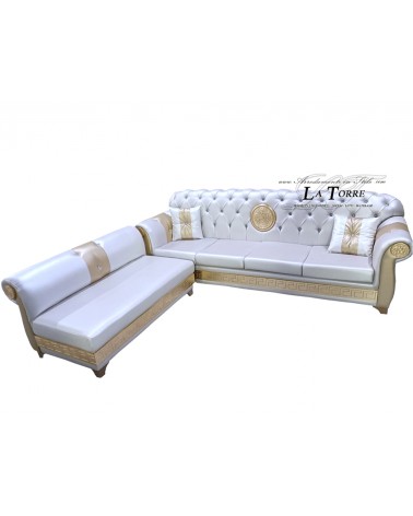 4-seater peninsula sofa with mesh backrest and baroque Chesterfield mattress, Medusa Goddess eco-leather or Greek velvet