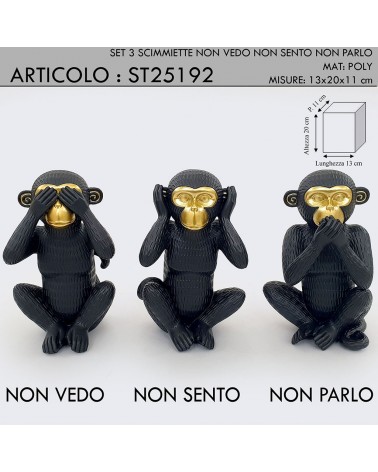 Statua scultura soprammobile tre scimmie scimmiette Non vedo Non sento Non parlo nero e oro H20cm ST25192