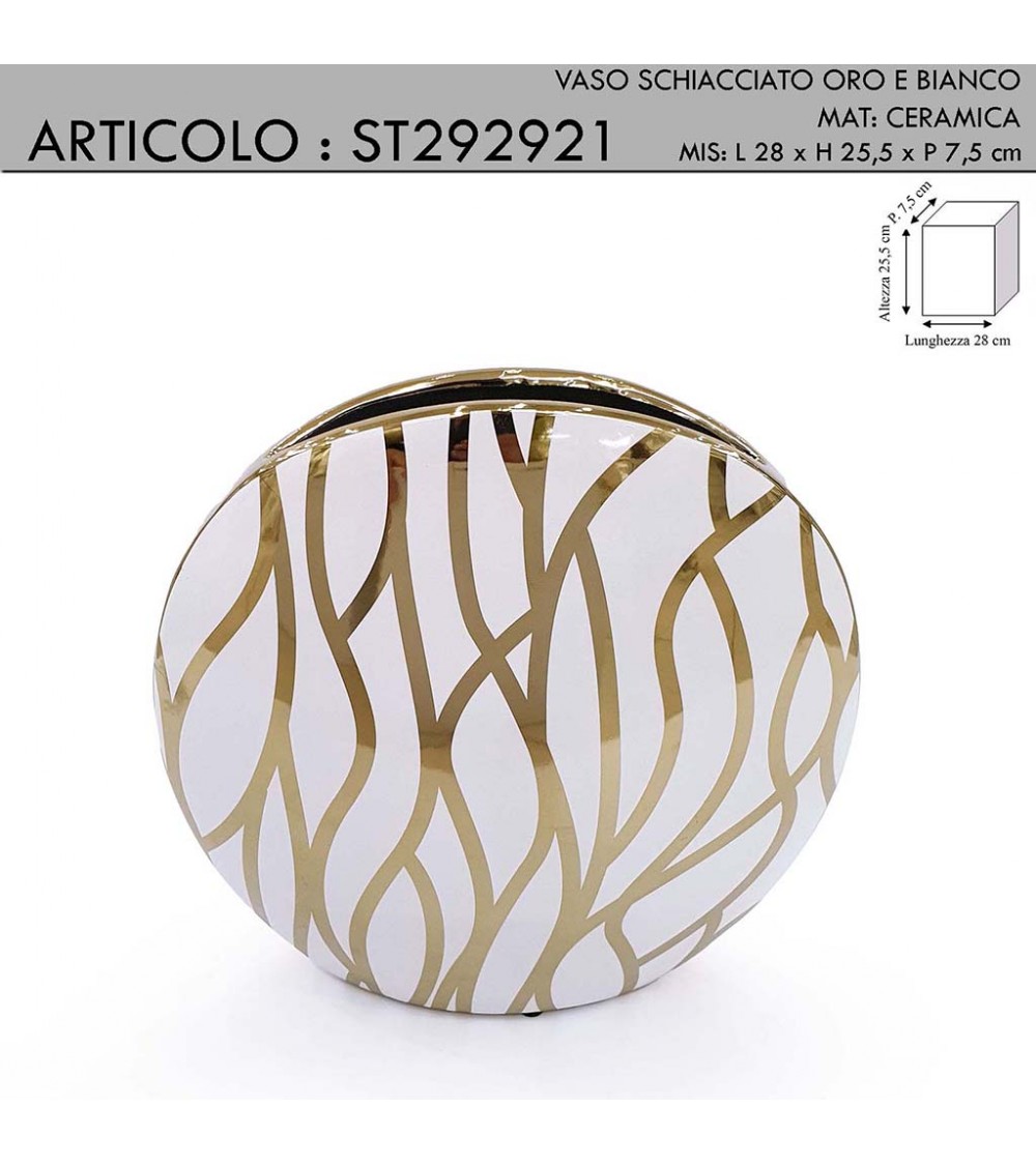 Vaso Portafiori moderno schiacciato sopramobili ceramica bianco e oro  ST292921