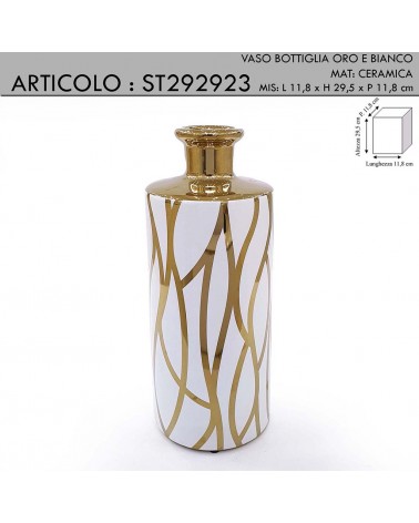 Moderner Blumenhalter Amphore Vase Flasche Keramik weiß und gold Ornament ST292923