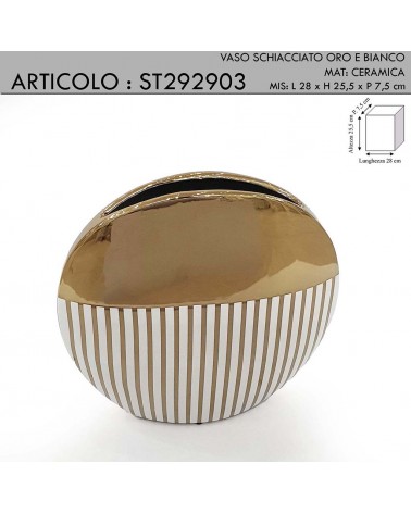 Moderne, flache Blumenvase, weiß-goldene Keramikornamente ST292903