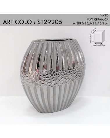 Moderne, flache Blumenvase, silberne Keramikornamente ST29205